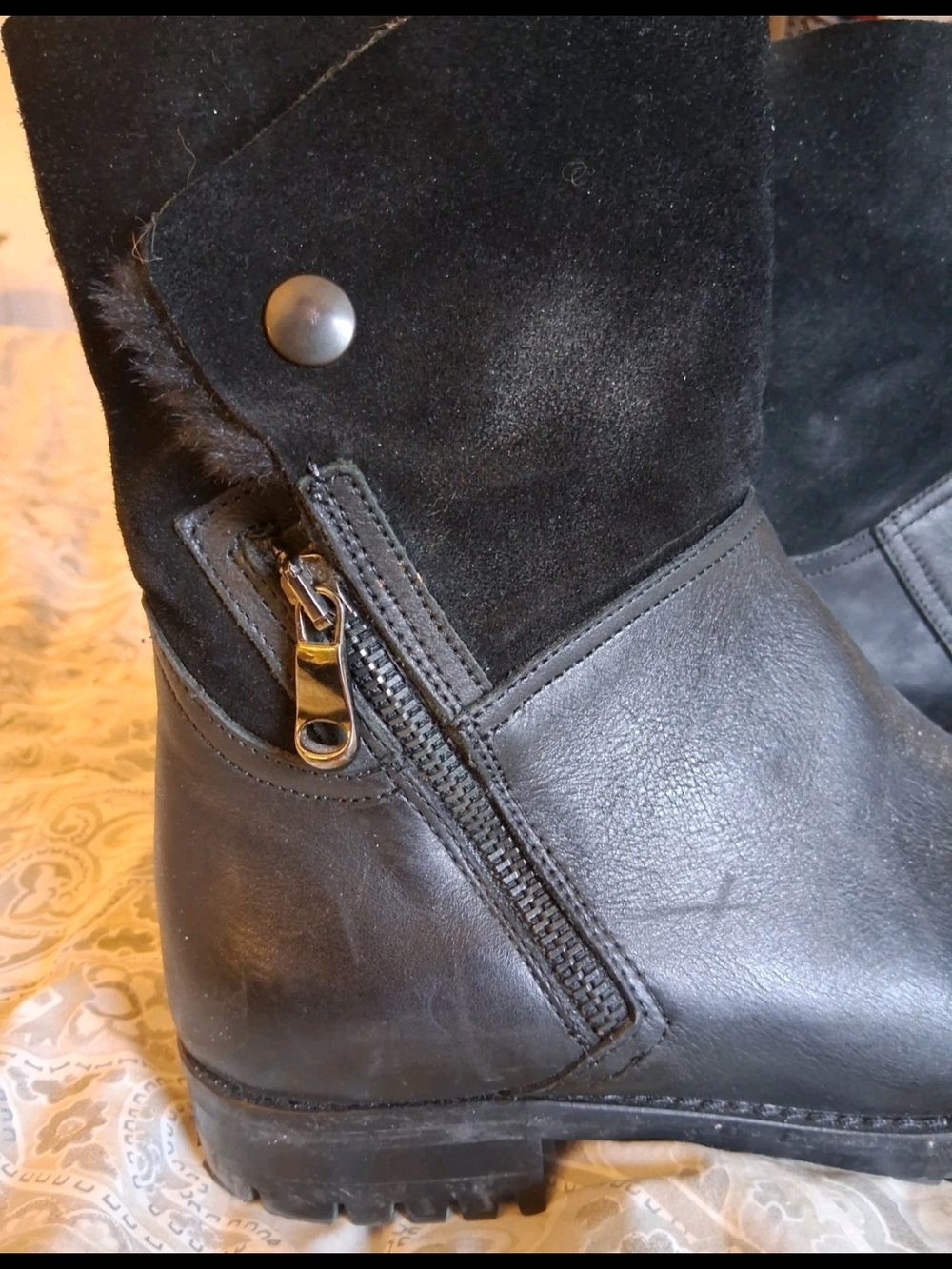Fabianelli Black Ankle Boots Leather & Suede, fur-lined Zip Made In Italy Sz. 38